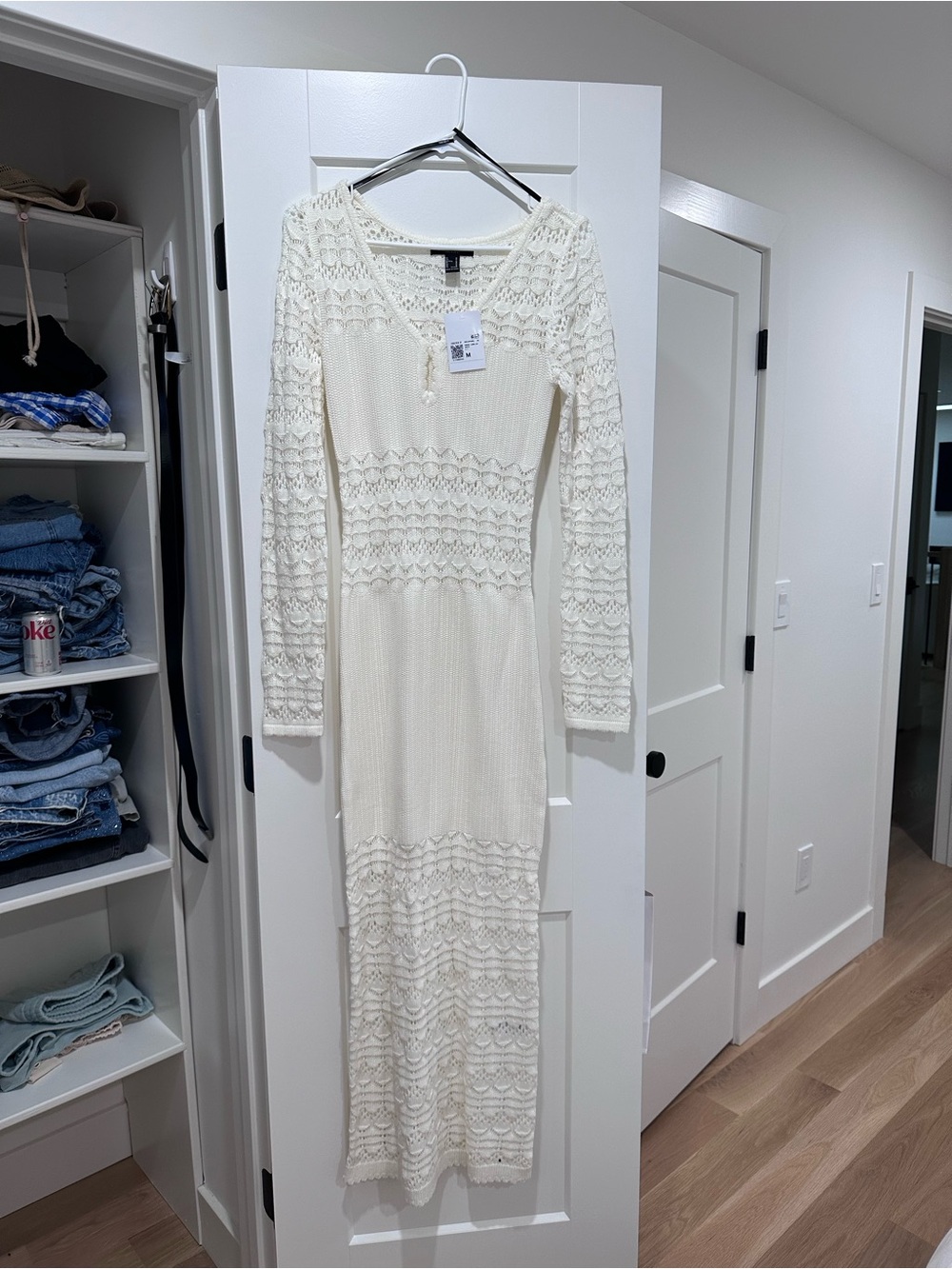 NWT Forever 21 Ivory Crochet Maxi Dress with Long Sleeves